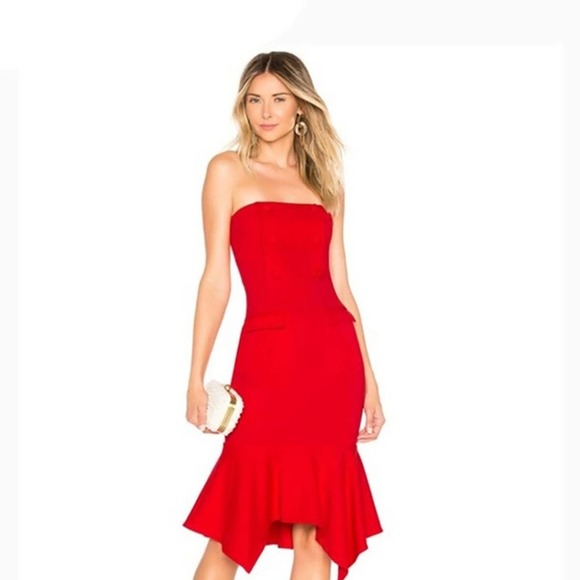 X Revolve Chrissy Teigen Red Midi Dress Landon Bodycon Ruffle Straples Pencil XS - Picture 2 of 9